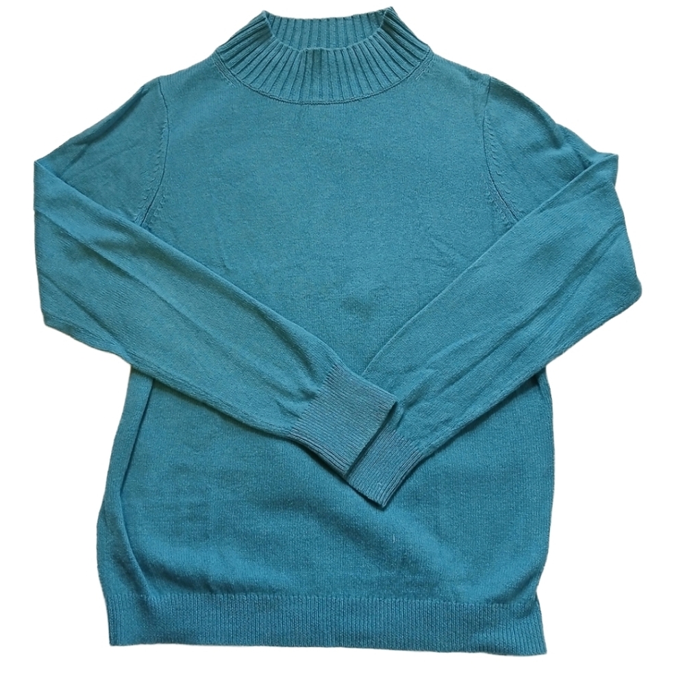 S Lands End Womens Turqouise Mock Turtle Neck Sweater Cotton Wool Blend